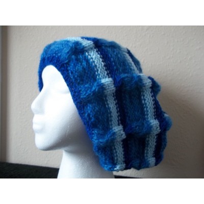 Hand knitted elegant and warm hat  beret type  striped blues  eb-92723412